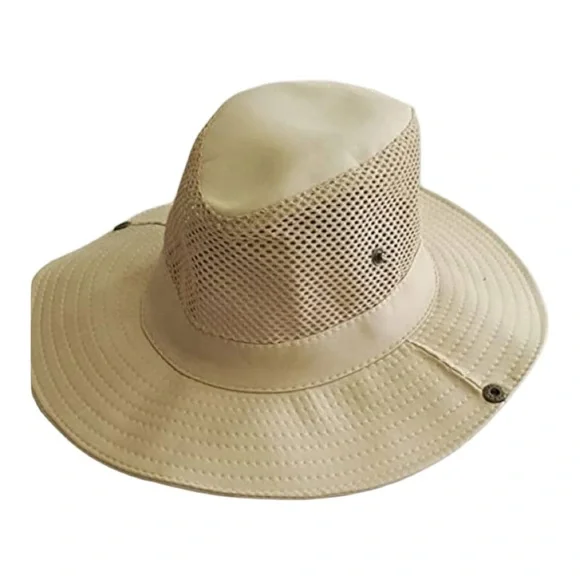 Beige Wide-Brim Outdoor Hat – Mesh Ventilation & Chin Strap - Picture 5 of 10